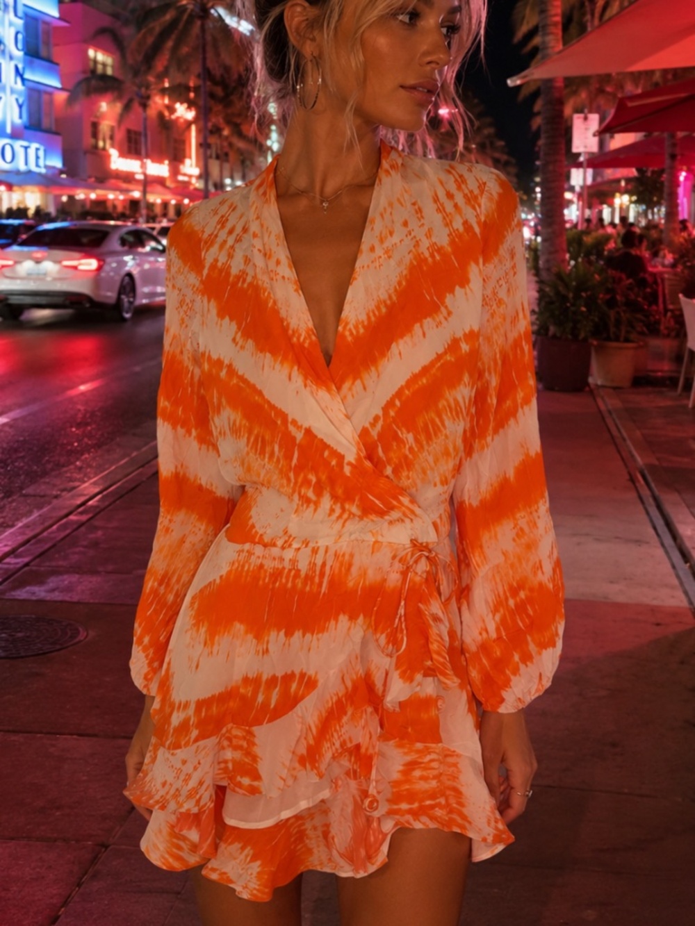 ROCOCO SAND Orange Tie Dye Ruffle Mini Dress | Luxe Resort Vacation Dress Small